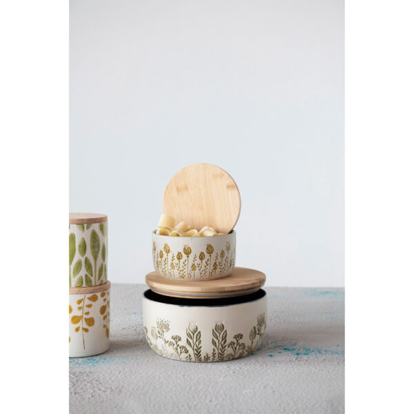 Stoneware Canister with Bamboo Lid and Floral Pattern - Image 2