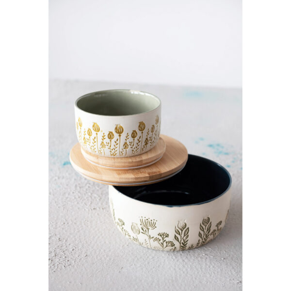 Stoneware Canister with Bamboo Lid and Floral Pattern - Image 3