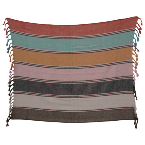 Cotton Blend Striped Throw with Braided Fringe