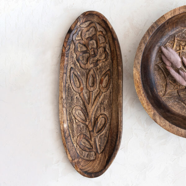 Decorative Hand-Carved Mango Wood Tray w/Flower - Image 4