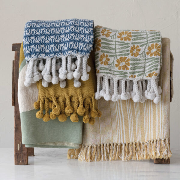 Recycled Cotton Blend Printed Throw w/ Braided Pom Pom Tassels - Image 4