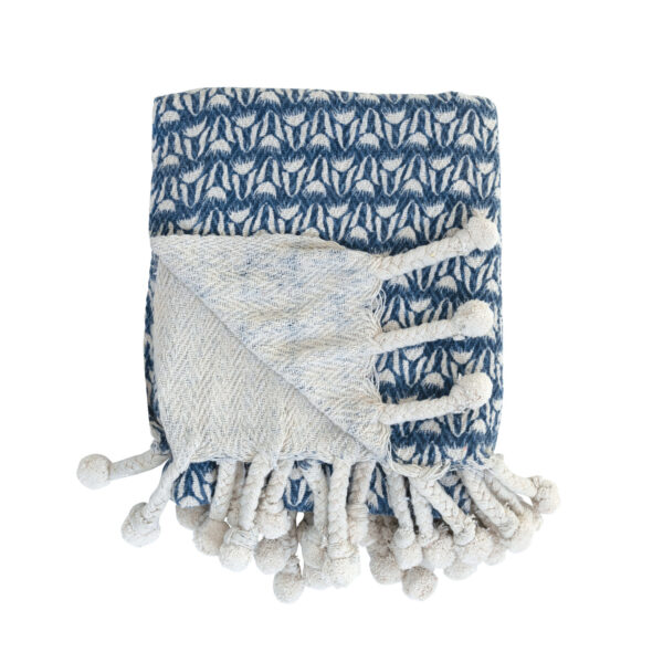 Recycled Cotton Blend Printed Throw w/ Braided Pom Pom Tassels - Image 2