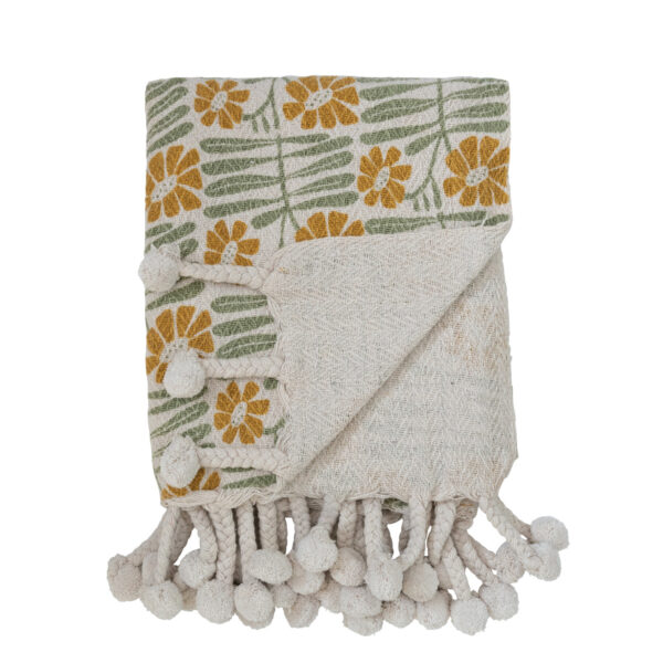 Woven Recycled Cotton Printed Throw with Pom Pom - Image 2