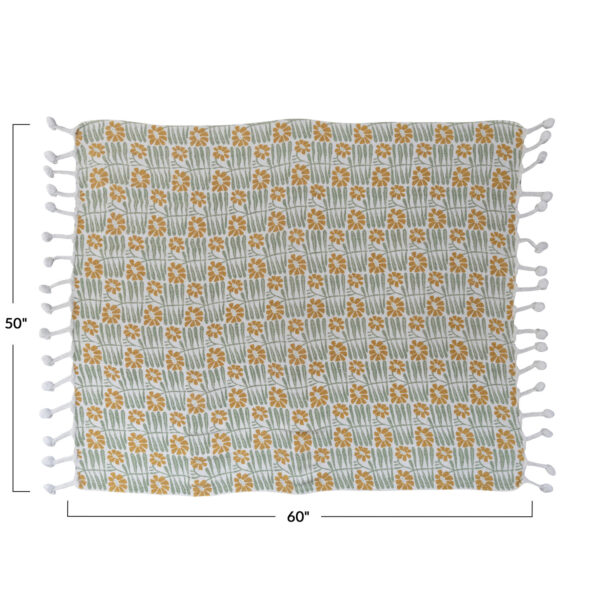 Woven Recycled Cotton Printed Throw with Pom Pom - Image 3