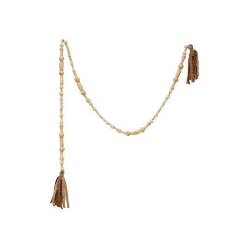 72"L Paulownia Wood Bead Garland with Fabric Tassels