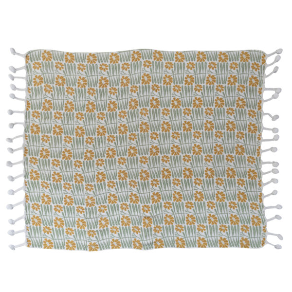 Woven Recycled Cotton Printed Throw with Pom Pom