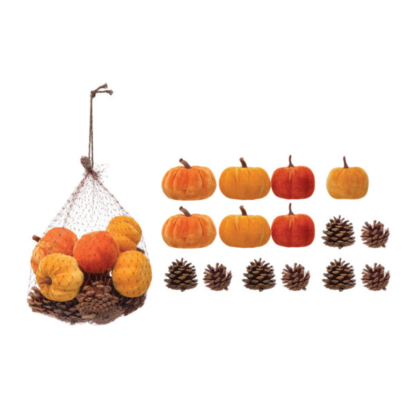 Velvet Pumpkins and Pinecones in Bag