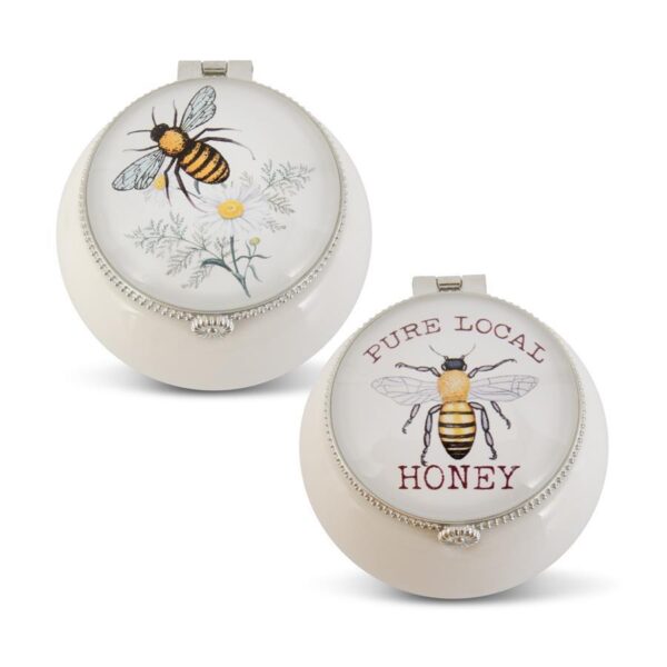 White Porcelain Trinket Boxes w/Bee Decal Glass Lids