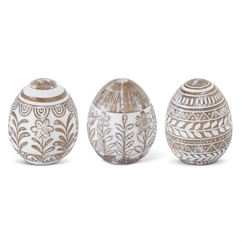 Whitewashed Floral Carved Resin Easter Eggs