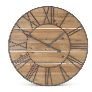 Round Wooden Wall Clock w/ Metal Roman Numerals