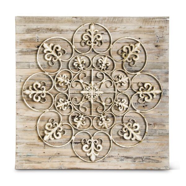 Square Wood Plaque w/Cream Metal Fleur De Lis Medallion