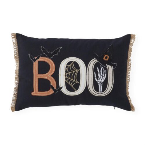 Lumbar Black Halloween BOO Stitched Pillow