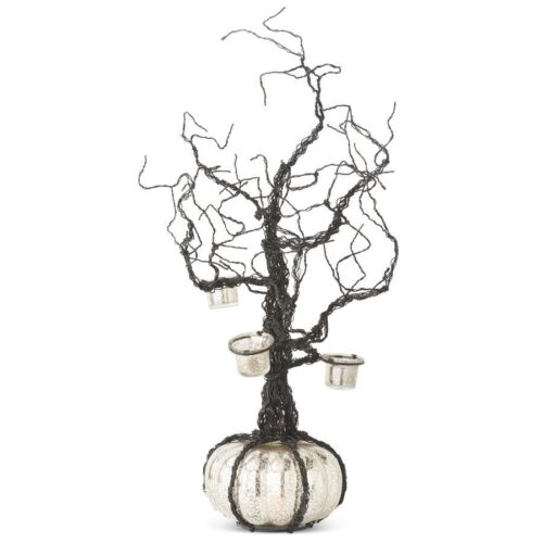 Black Wire Votive Halloween Tree w/LED Mercury Pumpkin Base
