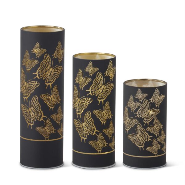 Black & Gold Laser Engraved Butterfly LED Cylinder Lanterns
