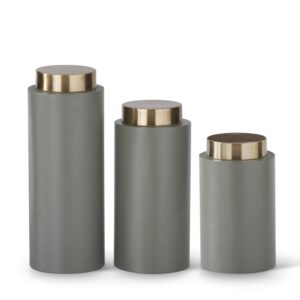 Tall Olive Green Round Metal Containers w/Gold Lids