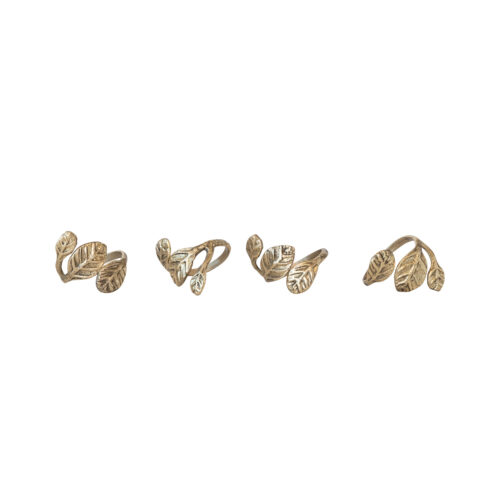 Brass Leaf Shaped Napkin Rings w Leather Ties