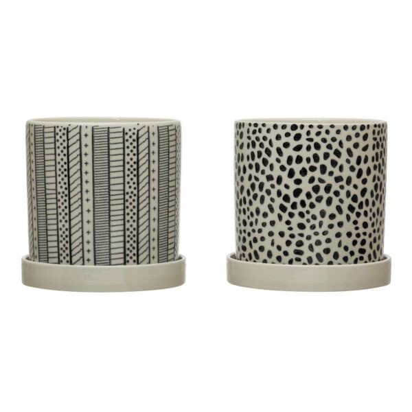 Stoneware Planter with Saucer 2 Styles Set of 2