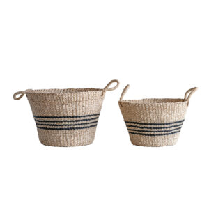 Hand-Woven Striped Baskets with Handles