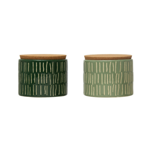 3-3/4" Round x 3"H Debossed Stoneware Canister with Pattern and Cork Lid
