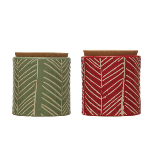 3-3/4" Round x 4"H Debossed Stoneware Canister with Pattern and Cork Lid