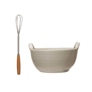 Stoneware Bowl Wood and Metal Whisk