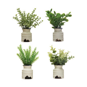 Faux Plant in Stoneware Pot, Distressed White Finish