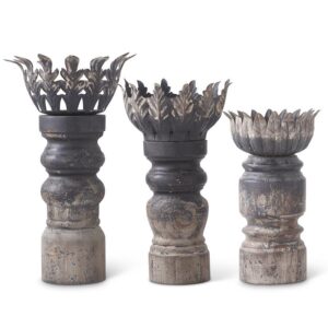14" Distressed Black & Gold Wood Candleholder
