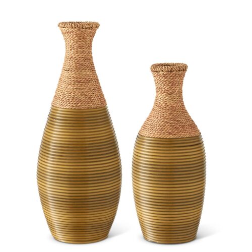 24" Rattan and Wood Wrapped Metal Framed Vase