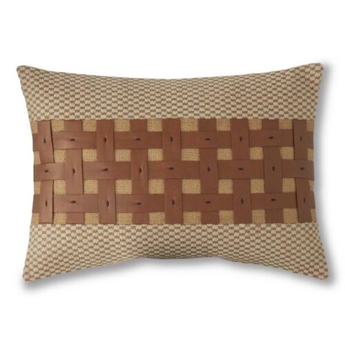 20" Rectangular Vegan Leather & Jute Check Pillow