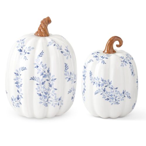 White w/Blue Floral Ceramic Pumpkin