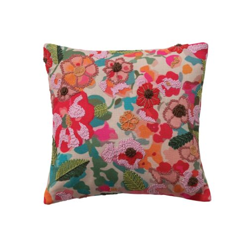 Printed Pillow w/ Flowers & Embroidery