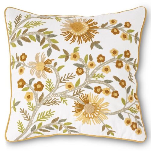 White Square Pillow w/Yellow Embroidered Botanicals