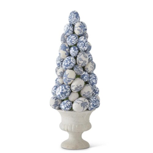 Blue & White Floral Fabric Egg Topiary