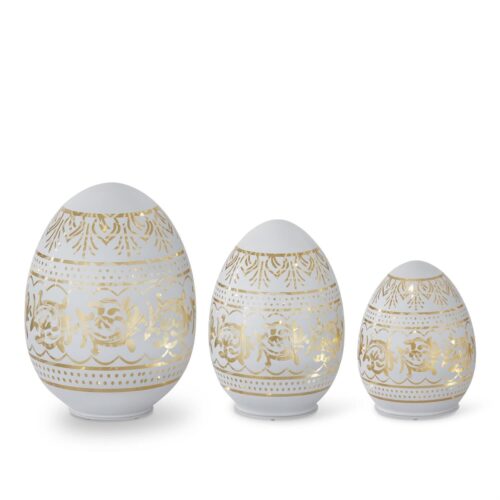 White Ornate Laser Engraved LED Easter Eggs w/Timers