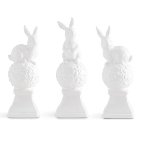 White Ceramic Finials w/Bunnies on Top