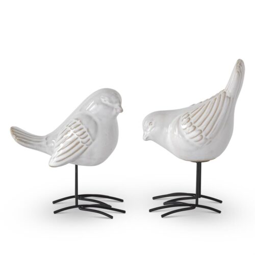 White Ceramic Birds w/Metal Feet