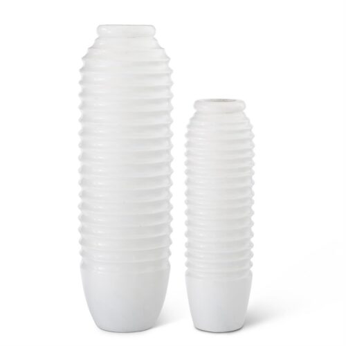 White Ribbed Carved Wood Vase