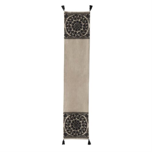 Beige & Black Circle Embroidered Floral Table Runner