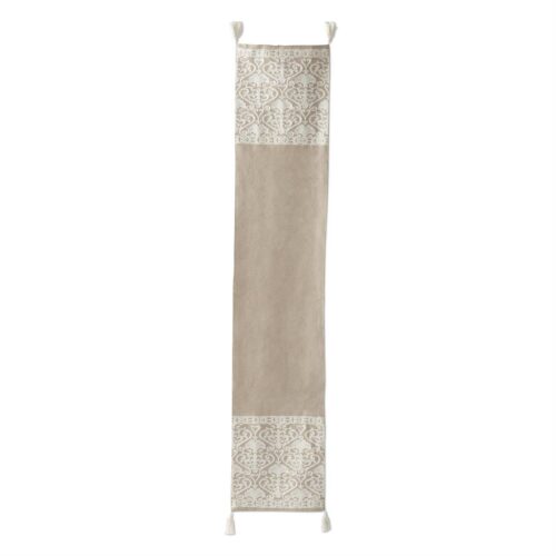 Beige & Cream Crest Embroidered Table Runner w/Tassels